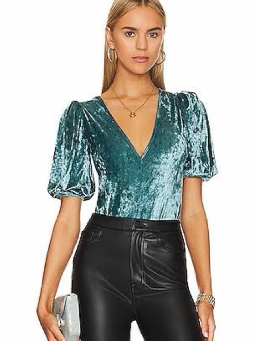 Intimately Free People Don’t You Wish Velvet V‑Neck Puff Sleeve Top in Teal